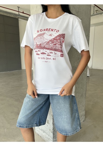 Sorrento Baskılı Yapay Zeka Tasarımı Penye Oversize %100 Pamuk Kadın T-Shirt