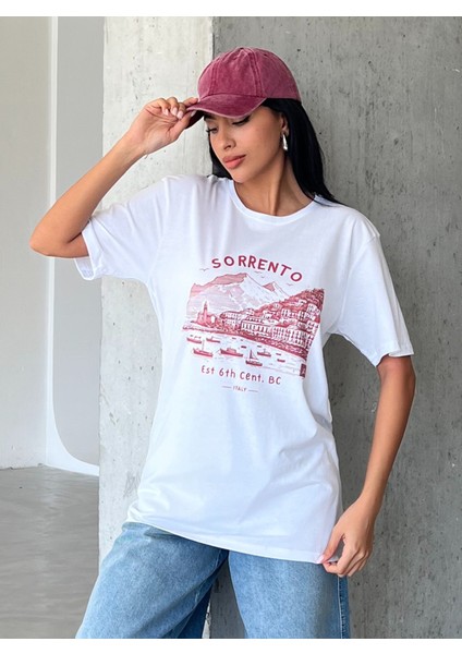 Sorrento Baskılı Yapay Zeka Tasarımı Penye Oversize %100 Pamuk Kadın T-Shirt