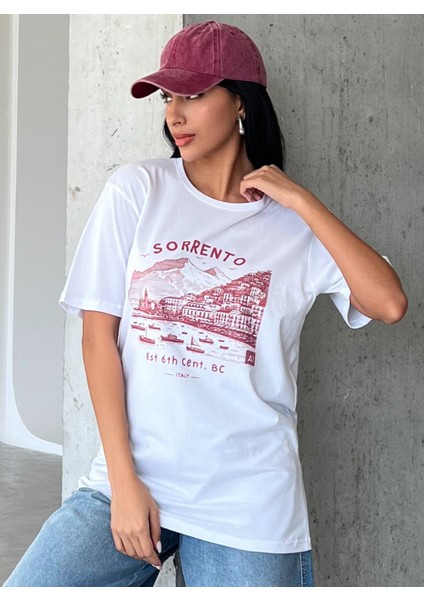 Sorrento Baskılı Yapay Zeka Tasarımı Penye Oversize %100 Pamuk Kadın T-Shirt