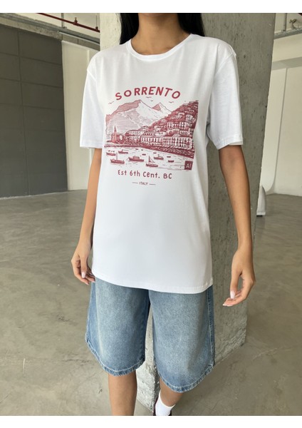 Sorrento Baskılı Yapay Zeka Tasarımı Penye Oversize %100 Pamuk Kadın T-Shirt