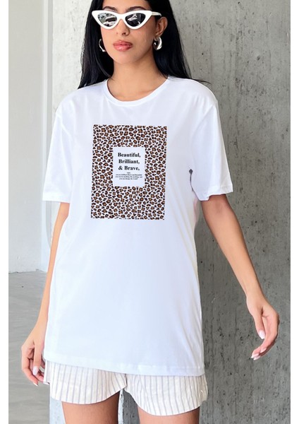 Leopar & Slogan Baskılı Yapay Zeka Tasarımı Ekolojik Penye Oversize %100 Pamuk Kadın T-Shirt