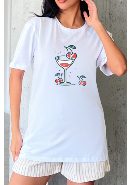 Kadeh Baskılı Yapay Zeka Tasarımı Ekolojik Penye Oversize %100 Pamuk Kadın T-Shirt