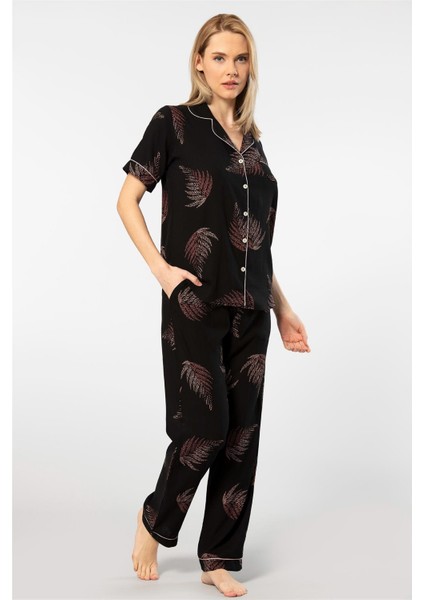 3604 Kadın Kısa Kollu Dokuma Gömlek Pijama Takım-Siyah fiyatları