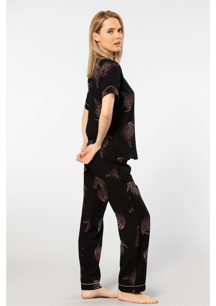3604 Kadın Kısa Kollu Dokuma Gömlek Pijama Takım-Siyah modelleri