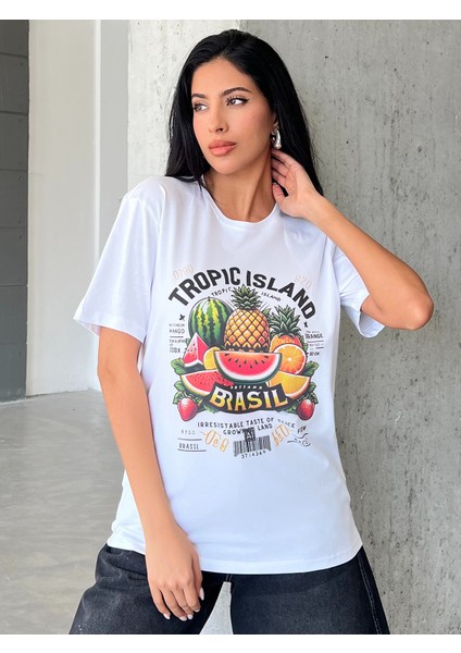 Tropic Island Baskılı Yapay Zeka Tasarımı Penye Oversize %100 Pamuk Kadın T-Shirt