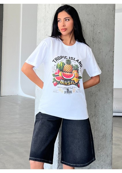 Tropic Island Baskılı Yapay Zeka Tasarımı Penye Oversize %100 Pamuk Kadın T-Shirt