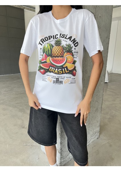 Tropic Island Baskılı Yapay Zeka Tasarımı Penye Oversize %100 Pamuk Kadın T-Shirt