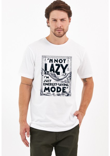 Not Lazy (Tembel) Baskılı Yapay Zeka Tasarımı Penye Rahat Kalıp %100 Pamuk Erkek T-Shirt
