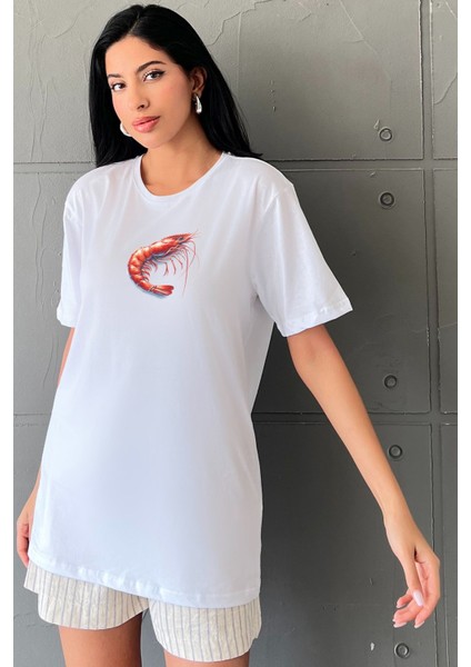 Istiridye Baskılı Yapay Zeka Tasarımı Ekolojik Penye Oversize %100 Pamuk Kadın T-Shirt