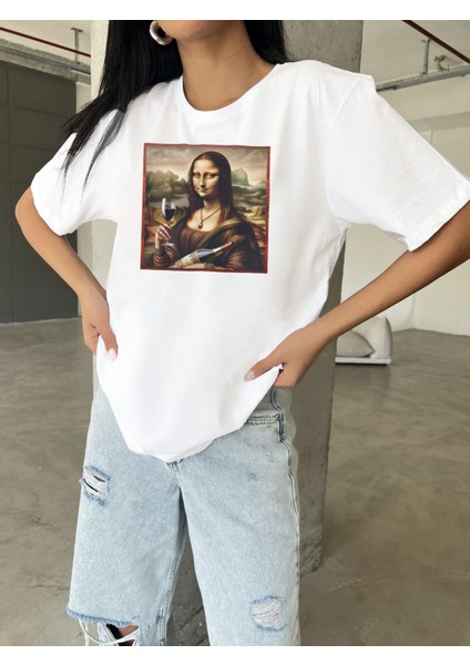 Mona Lisa Baskılı Yapay Zeka Tasarımı Ekolojik Penye Oversize %100 Pamuk Kadın T-Shirt