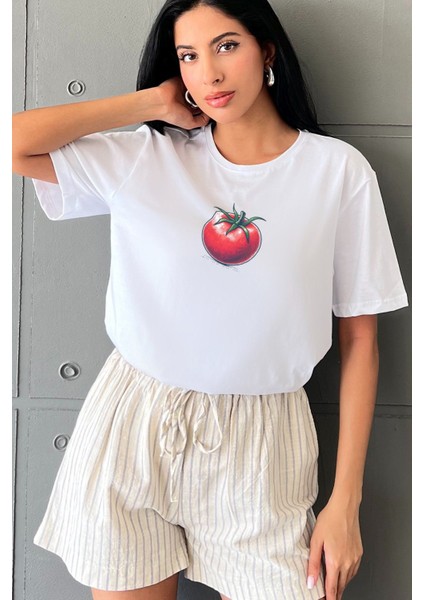 Domates Baskılı Yapay Zeka Tasarımı Penye Oversize %100 Pamuk Kadın T-Shirt