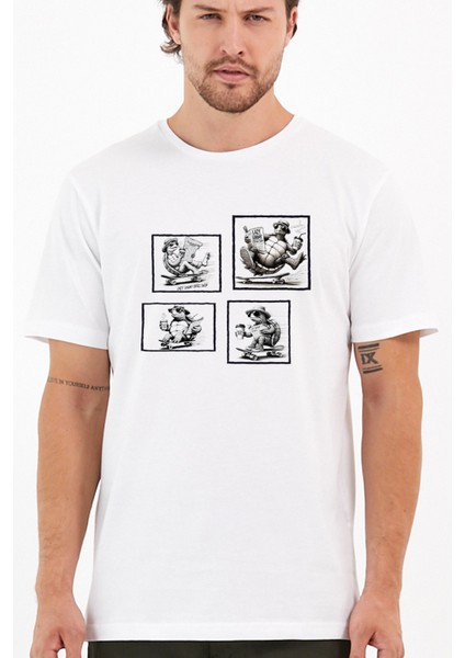 Kaplumbağa Çerçeve Baskılı Yapay Zeka Tasarımı Penye Rahat Kalıp %100 Pamuk Erkek T-Shirt