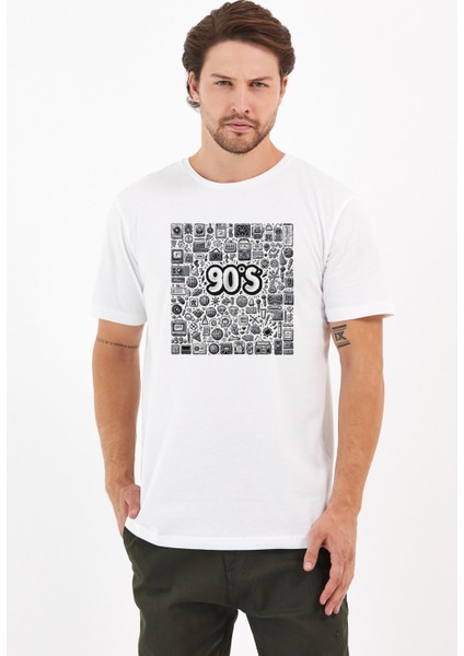 Doksanlar Ikonlar Baskılı Yapay Zeka Tasarımı Penye Rahat Kalıp %100 Pamuk Erkek T-Shirt