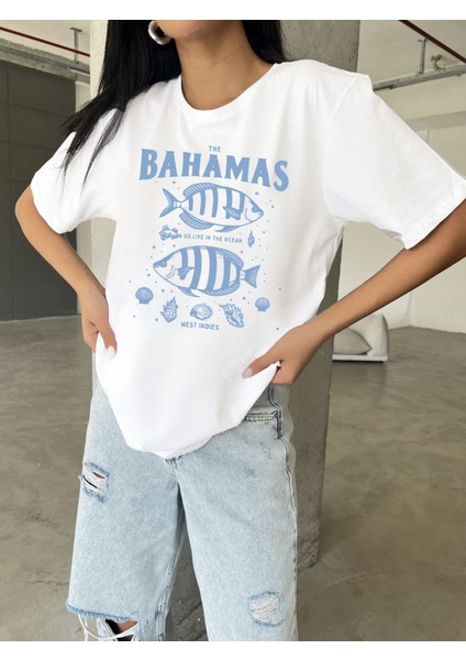 Bahamas Baskılı Yapay Zeka Tasarımı Ekolojik Penye Oversize %100 Pamuk Kadın T-Shirt