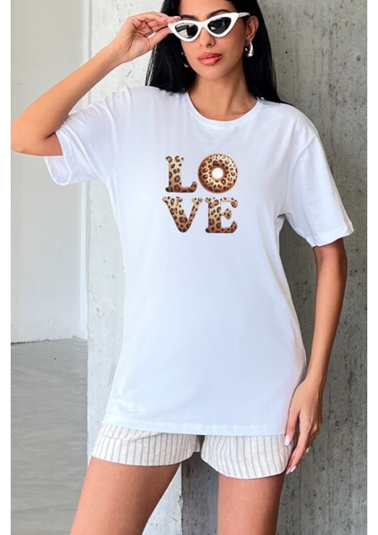 Leopar Love Donut Baskılı Yapay Zeka Tasarımı Penye Oversize %100 Pamuk Kadın T-Shirt