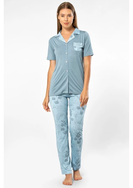 3376 Kadın Kısa Kollu Gömlek Pijama Takım-Mavi
