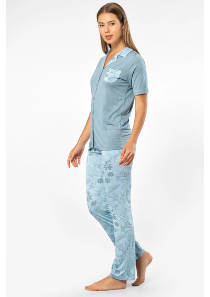 3376 Kadın Kısa Kollu Gömlek Pijama Takım-Mavi fiyatları