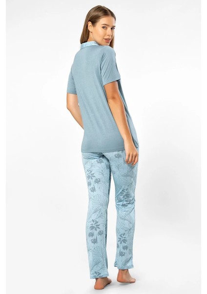 3376 Kadın Kısa Kollu Gömlek Pijama Takım-Mavi modelleri