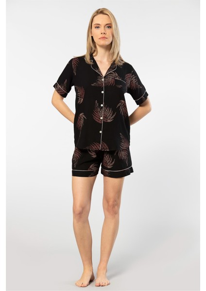 3605 Kadın Kısa Kollu Şortlu Gömlek Pijama Takım-Siyah fiyatları