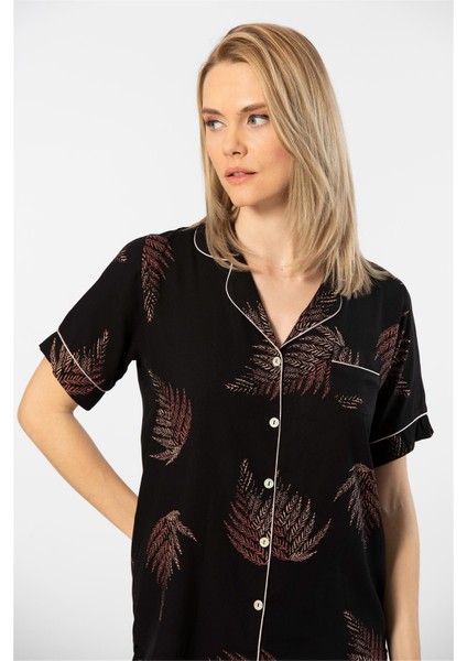 3605 Kadın Kısa Kollu Şortlu Gömlek Pijama Takım-Siyah fırsatları