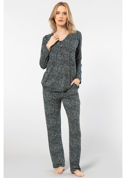 3382 Kadın Çiçekli Uzun Kollu Patlı Pijama Takımı-Yeşil