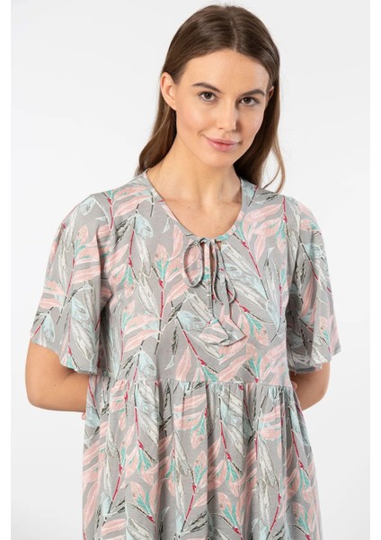 3396 Kadın Kısa Kollu Yaprak Desen Kloş Elbise-Gri fiyatları