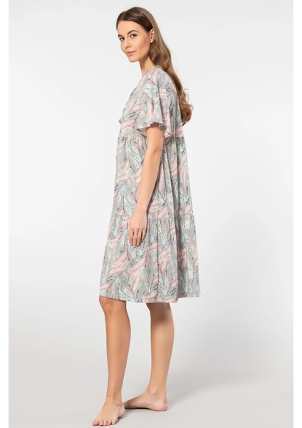 3396 Kadın Kısa Kollu Yaprak Desen Kloş Elbise-Gri modelleri