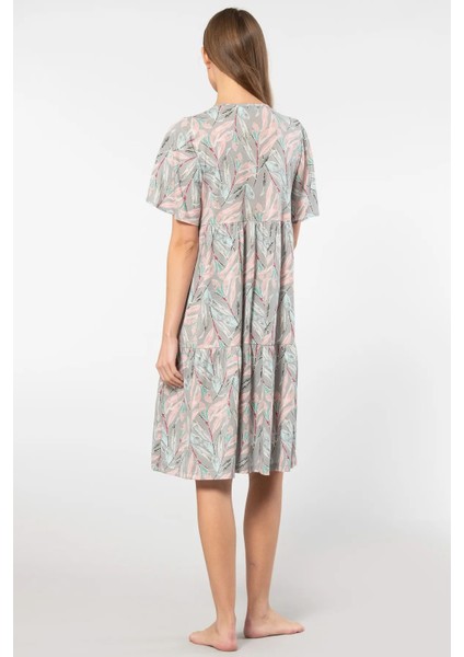 3396 Kadın Kısa Kollu Yaprak Desen Kloş Elbise-Gri fırsatları