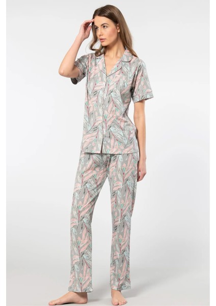 3395 Kadın Kısa Kollu Gömlek Pijama Takım-Gri