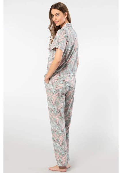 3395 Kadın Kısa Kollu Gömlek Pijama Takım-Gri fiyatları