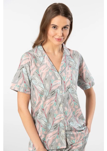3395 Kadın Kısa Kollu Gömlek Pijama Takım-Gri modelleri