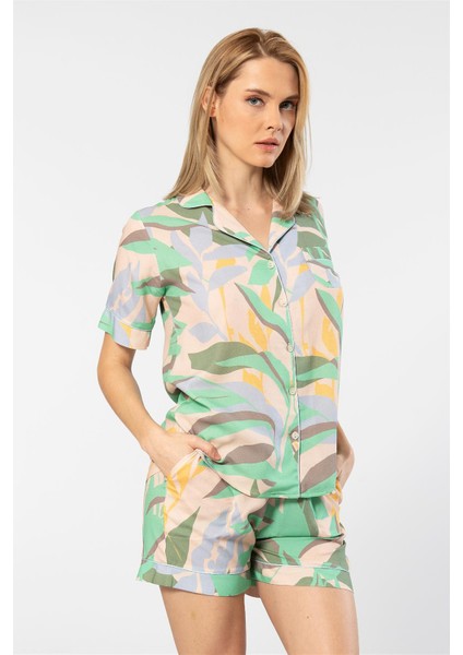 3605 Kadın Kısa Kollu Şortlu Gömlek Pijama Takım-Yeşil