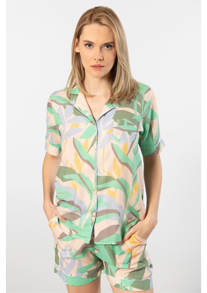 3605 Kadın Kısa Kollu Şortlu Gömlek Pijama Takım-Yeşil fiyatları