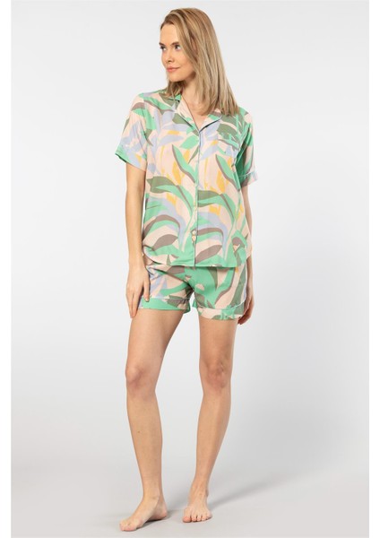 3605 Kadın Kısa Kollu Şortlu Gömlek Pijama Takım-Yeşil modelleri