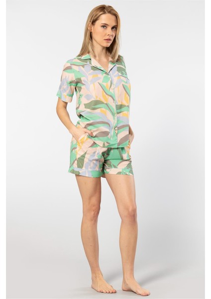 3605 Kadın Kısa Kollu Şortlu Gömlek Pijama Takım-Yeşil fırsatları