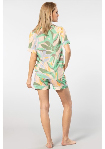 3605 Kadın Kısa Kollu Şortlu Gömlek Pijama Takım-Yeşil indirimleri