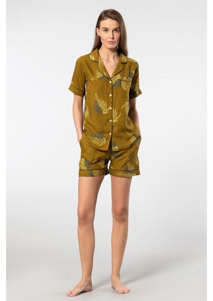 3605 Kadın Kısa Kollu Şortlu Gömlek Pijama Takım-Haki modelleri