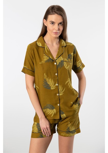 3605 Kadın Kısa Kollu Şortlu Gömlek Pijama Takım-Haki fırsatları