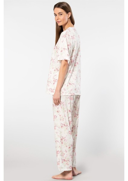 3387 Kadın Battal Çiçekli Patlı Kısa Kollu Pijama Takımı-Pembe fiyatları