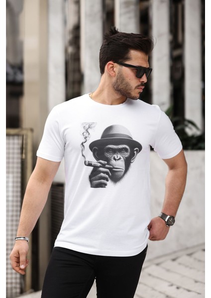 Maymun Quit Baskılı Yapay Zeka Tasarımı Penye Rahat Kalıp %100 Pamuk Erkek T-Shirt