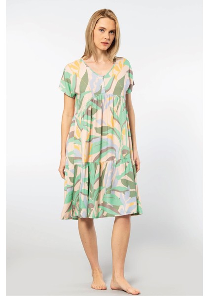 3602 Kadın Kısa Kollu Dokuma Kloş Elbise-Yeşil