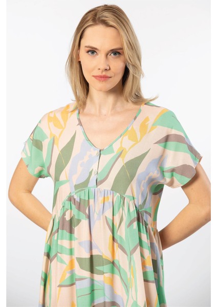 3602 Kadın Kısa Kollu Dokuma Kloş Elbise-Yeşil fiyatları