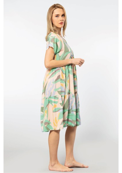 3602 Kadın Kısa Kollu Dokuma Kloş Elbise-Yeşil modelleri