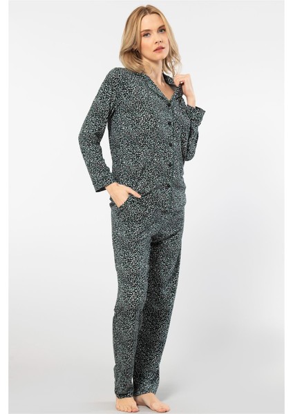 3379 Kadın Uzun Kollu Gömlek Pijama Takım-Yeşil fırsatları