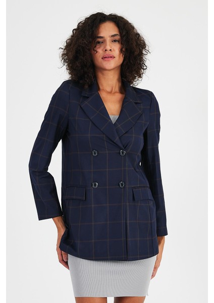 Ekoseli Astarsız Cepli Kruvaze Blazer Ceket (B24-00202)