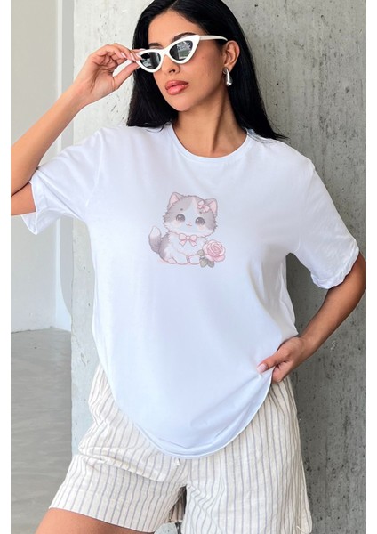 Yavru Kedi Baskılı Yapay Zeka Tasarımı Ekolojik Penye Oversize %100 Pamuk Kadın T-Shirt