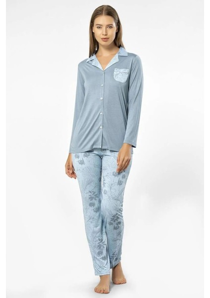 3377 Kadın Uzun Kollu Gömlek Pijama Takım-Mavi