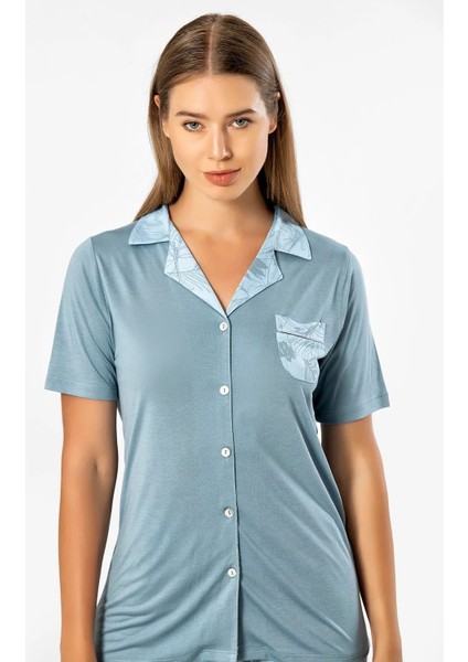 3377 Kadın Uzun Kollu Gömlek Pijama Takım-Mavi fiyatları