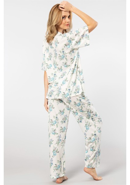 3387 Kadın Battal Çiçekli Patlı Kısa Kollu Pijama Takımı-Mavi modelleri