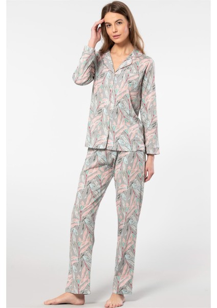 3394 Kadın Yapraklı Desenli Uzun Kollu Gömlek Yaka Pijama Takımı-Gri